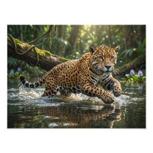 Impression Photo Jeune léopard marchant dans une jungle luxuriante 