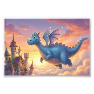 Impression Photo Joli dragon bleu volant au-dessus d'un château 