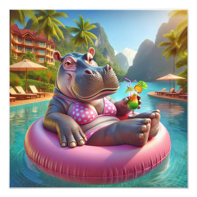Impression Photo Joyeux Hippo Avec Cocktail Boisson (Devant)