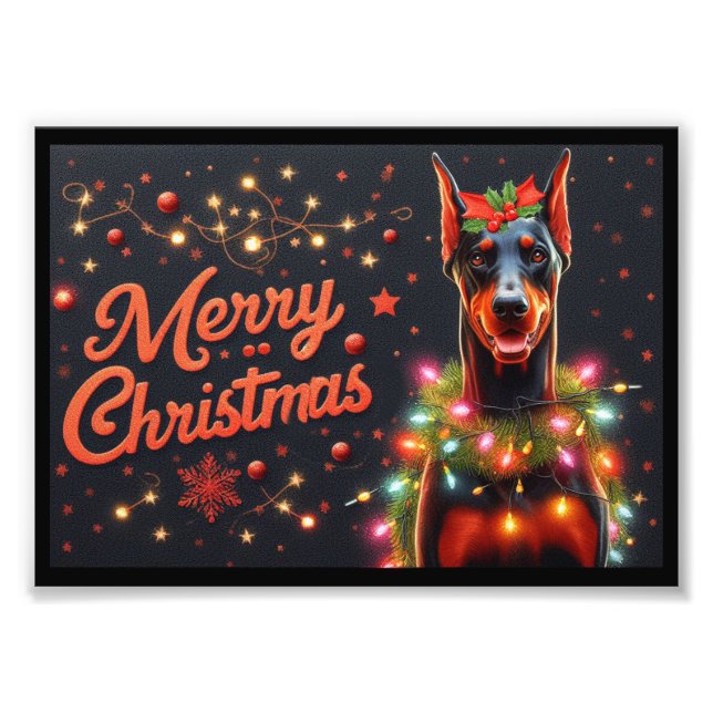 Impression Photo Joyeux Noël Doberman Chien Twinké lumières de Noël (Devant)