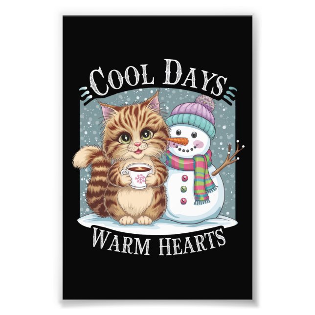 Impression Photo Kitten Cat and Snowman Friends Share Coffee Winter (Devant)