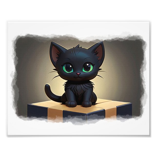 Impression Photo Kitten noir sur une boîte dessin animé (Devant)