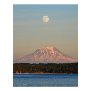 Impression Photo Le mont Rainier avec la Pleine lune