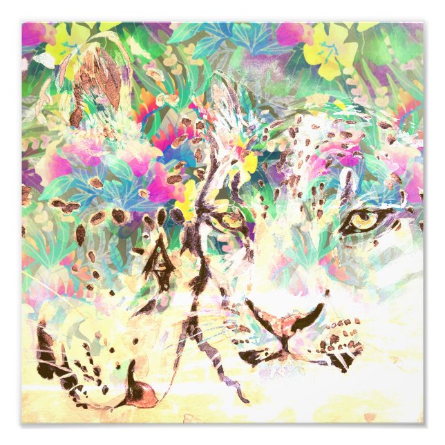 Impression Photo Léopard des neiges fleurs tropicales animal hawaïe (Devant)
