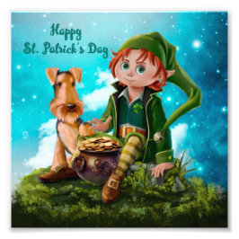 Impression Photo Leprechaun garçon, Irish Terrier et pot d'or
