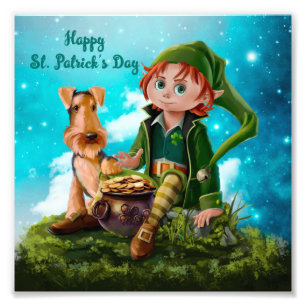 Impression Photo Leprechaun garçon, Irish Terrier et pot d'or