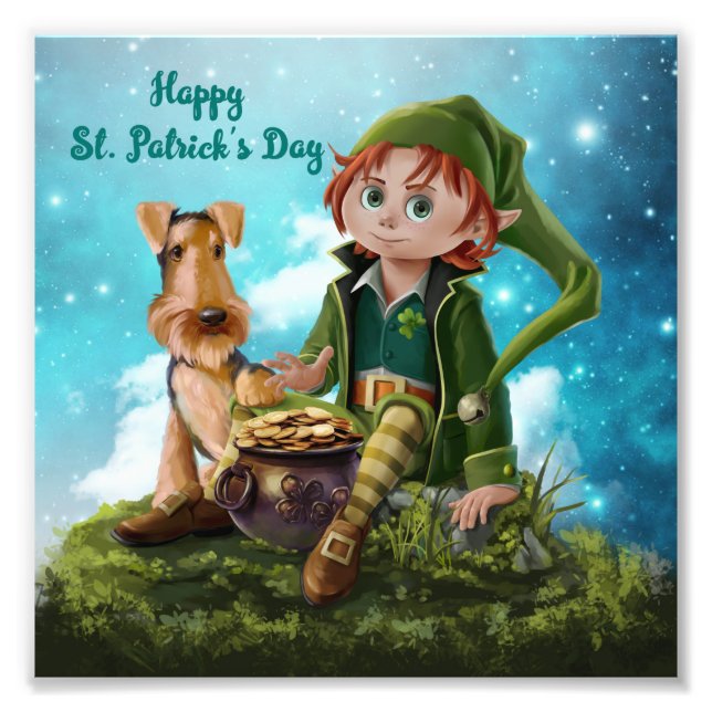 Impression Photo Leprechaun garçon, Irish Terrier et pot d'or (Devant)