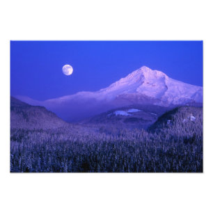 Impression Photo Lever de lune sur le mont Hood en hiver, Oregon
