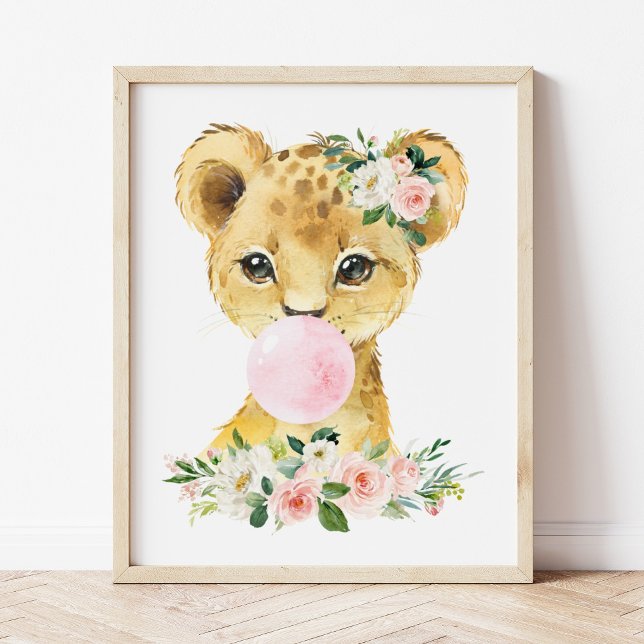 Impression Photo Lion, Safari Jungle, gomme à bulles roses, Pépiniè (Créateur téléchargé)