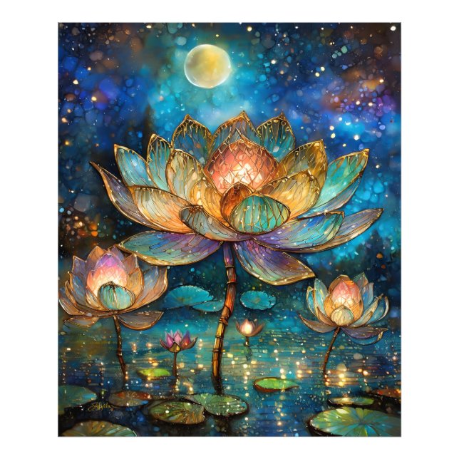 Impression Photo Lotus de verre tendu fleurit au clair de lune (Devant)