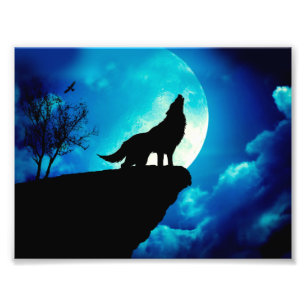 Impression Photo Loup en silhouette hurlant à la pleine lune