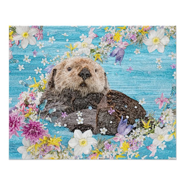 Impression Photo Loutre nageant dans les fleurs (Devant)