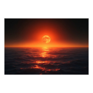 Impression Photo Lune de feu sur l'océan Calme Imaginaire coucher d