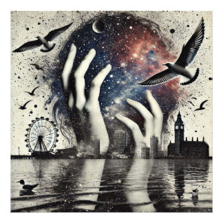 Impression Photo Mains sur le visage avec des oiseaux sur la skylin
