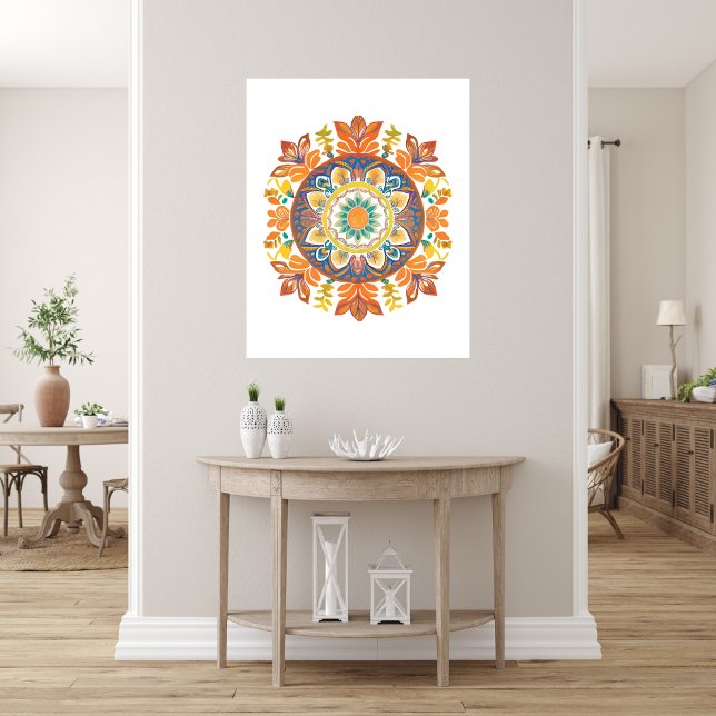 Impression Photo Mandala Flower Magic Orange Aquarelle (Mandala Flower Magic Orange Watercolor Photo Print)