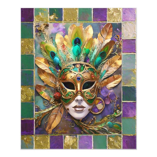 Impression Photo Mardi Gras Gold et vert Peacock Feature Masque (Devant)