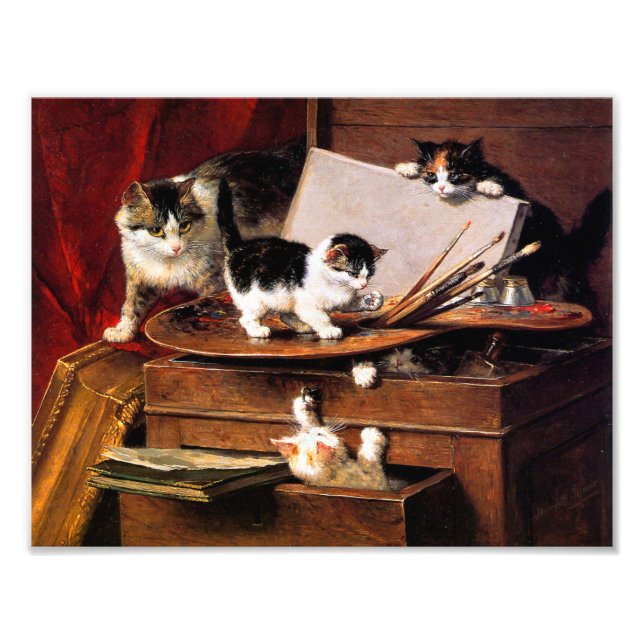 Impression Photo Mère Chat et chatons sur table (Devant)