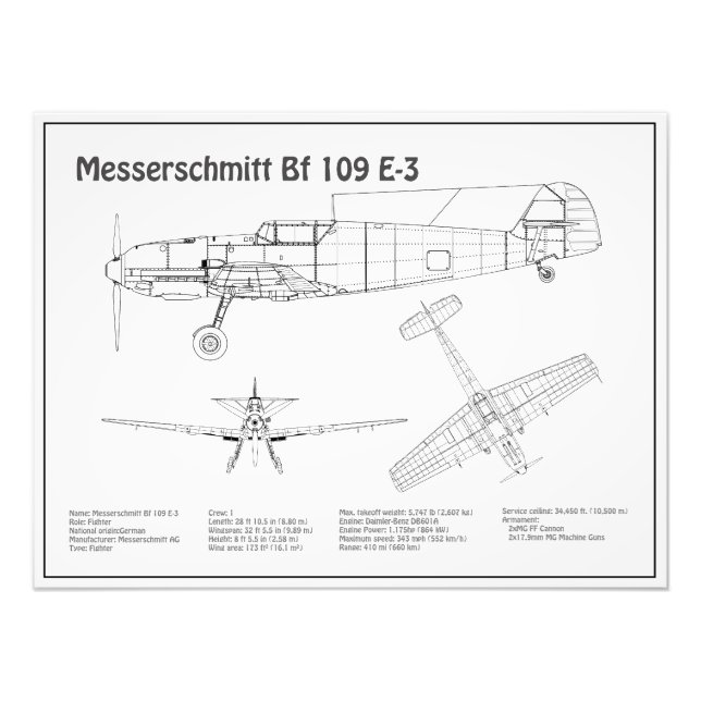 Impression Photo Messerschmitt Bf 109 - Plan d'avion BD (Devant)