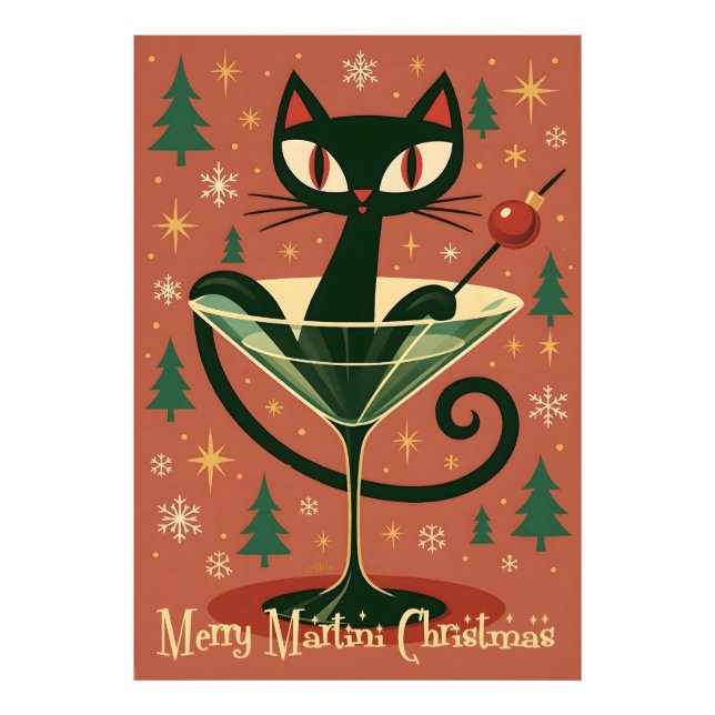Impression Photo Mid Century Black Cat Merry Martini Christmas (Devant)