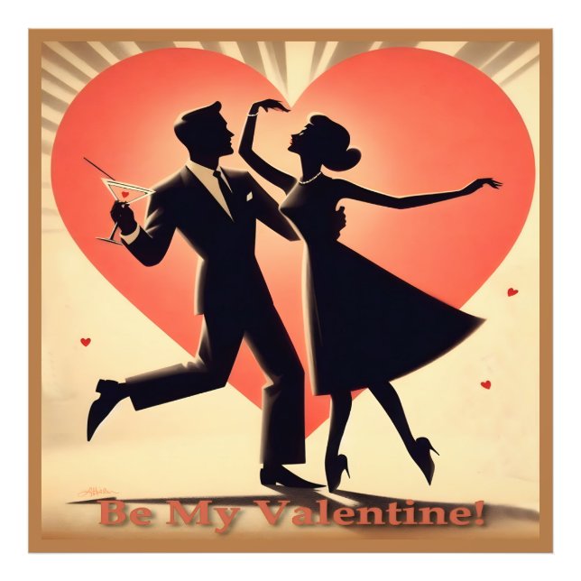 Impression Photo Mid Century Valentine Dancing Couple avec Martini (Devant)