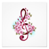 Musical treble clef notes with sakura flowers
