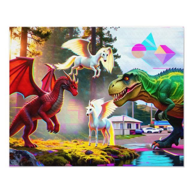 Impression Photo Mythical and Prehistoric Pegasus, Dragon, Dinosaur (Devant)
