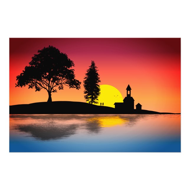 Impression Photo Nature Lake Trees Couple Silhouette Art (Devant)