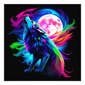 Impression Photo Neon Howling Wolf with Full Moon – Psychedelic Rai