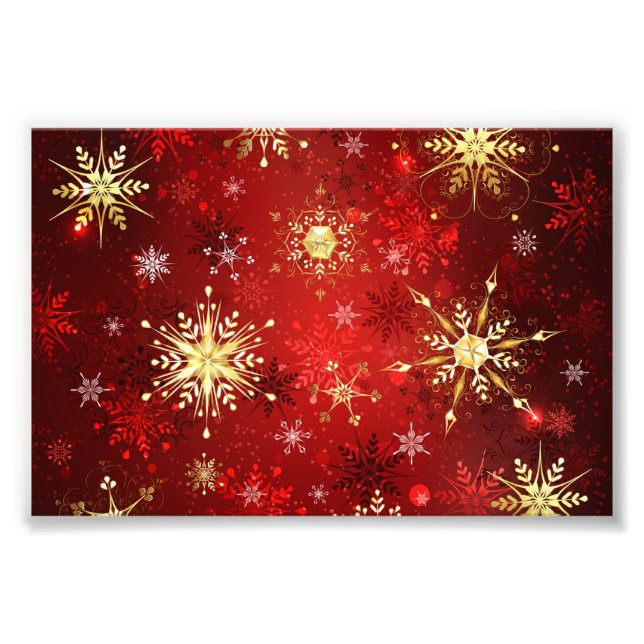 Impression Photo Noël Golden Snowflakes sur Arrière - plan rouge (Devant)