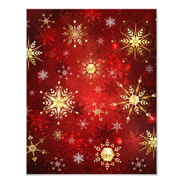 Impression Photo Noël Golden Snowflakes sur Arrière - plan rouge (Devant)