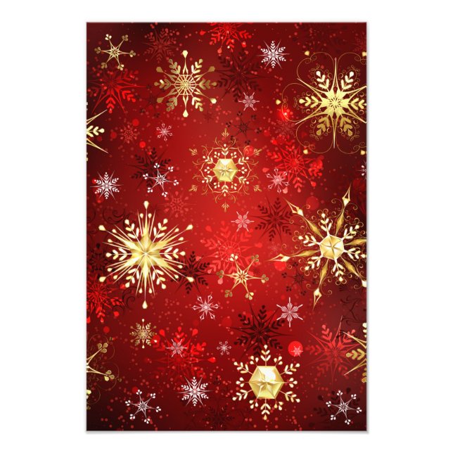 Impression Photo Noël Golden Snowflakes sur Arrière - plan rouge (Devant)