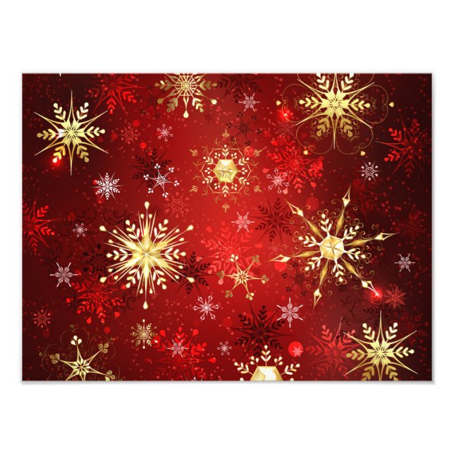 Impression Photo Noël Golden Snowflakes sur Arrière - plan rouge (Devant)