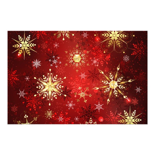 Impression Photo Noël Golden Snowflakes sur Arrière - plan rouge (Devant)