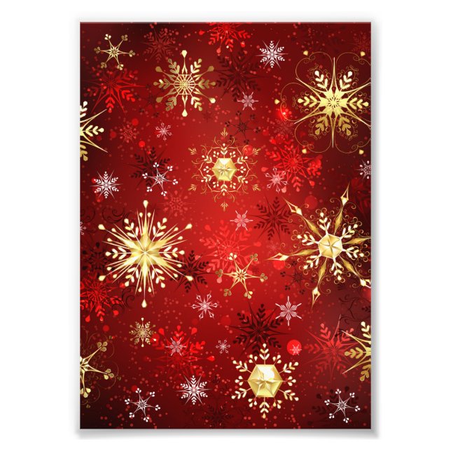 Impression Photo Noël Golden Snowflakes sur Arrière - plan rouge (Devant)