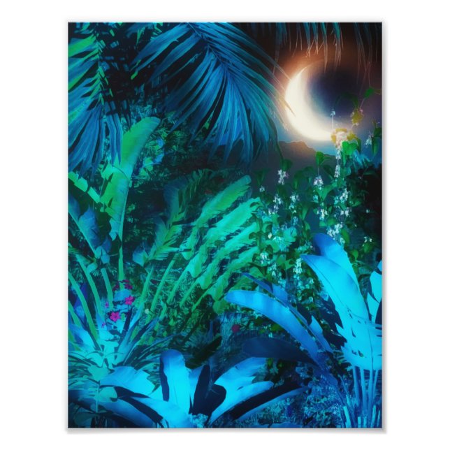 Impression Photo Nuit Lune Tropical Jungle Feuilles Silver Blue (Devant)