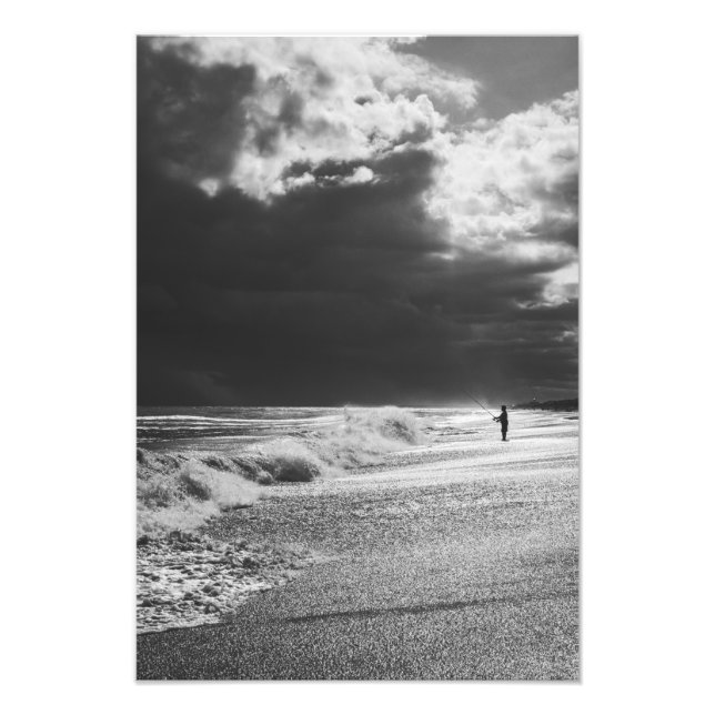 Impression Photo Ocean Isle North Carolina Pêcheur noir et blanc (Devant)