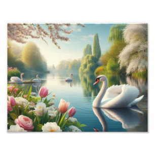 Impression Photo OEuvre d'art printanière du lac des cygnes floraux