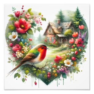 Impression Photo Oiseau Coloré et Cottage Floral à l'Aquarelle