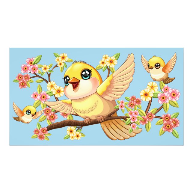Impression Photo Oiseaux mignons et heureux parmi les fleurs du pri (Devant)