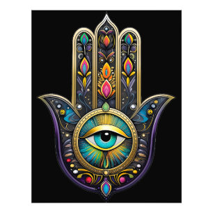 Impression Photo Or noir coloré Hamsa avec troisième œil turquoise