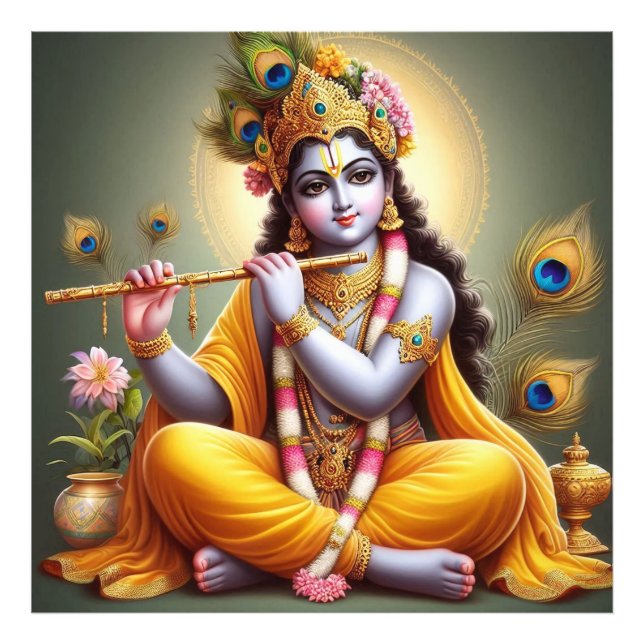 Impression Photo Orné Golden Serene Krishna Flute Art (Devant)