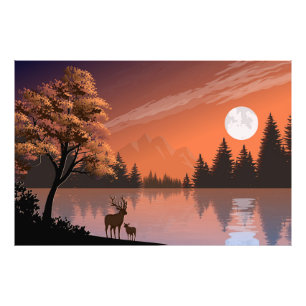 Impression Photo Paysage du lever du soleil avec lac et Deers-51207