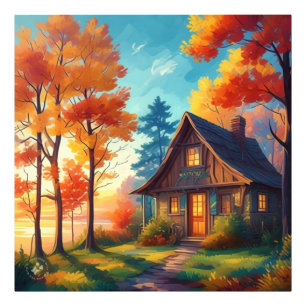 Impression Photo Paysage naturel avec un chalet dans la forêt
