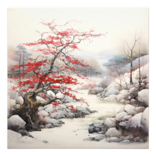 Impression Photo Peinture à l'encre de l'arbre rouge de la rivière