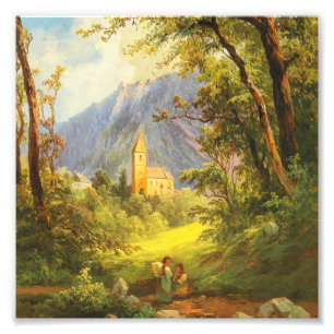 Impression Photo Peinture à l'huile d'église de montagne européenne