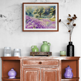 Impression Photo Peinture aquarelle d'un champ de lavande
