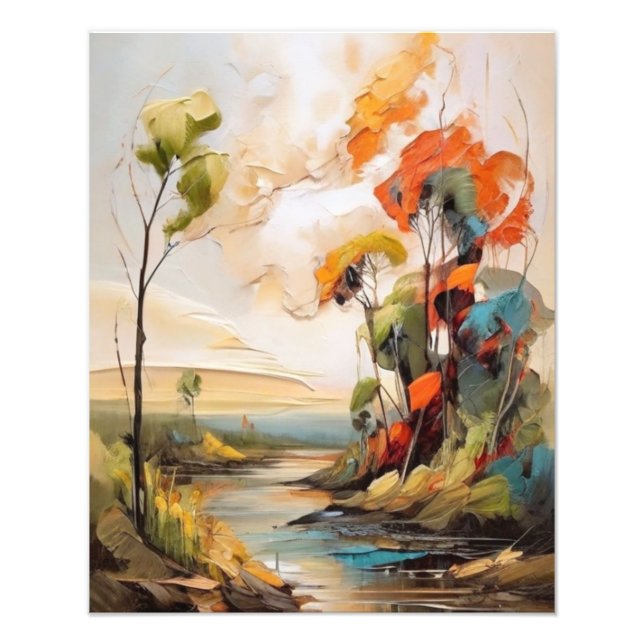 Impression Photo Peinture de paysage paisible - Rivière et arbres (Devant)
