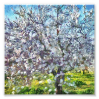 Peinture style art pointillé en fleurs d'amandiers