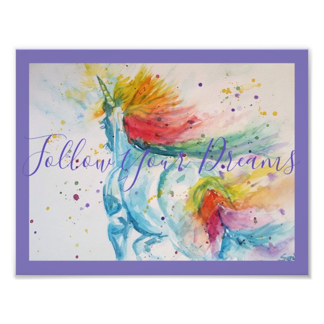 Impression Photo Peinture Unicorne Suivez vos rêves Aquarelle (Devant)