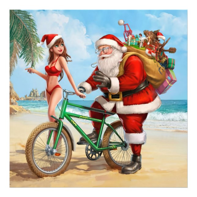 Impression Photo Père Noël sur la plage, Joyeux Noël ! (Devant)